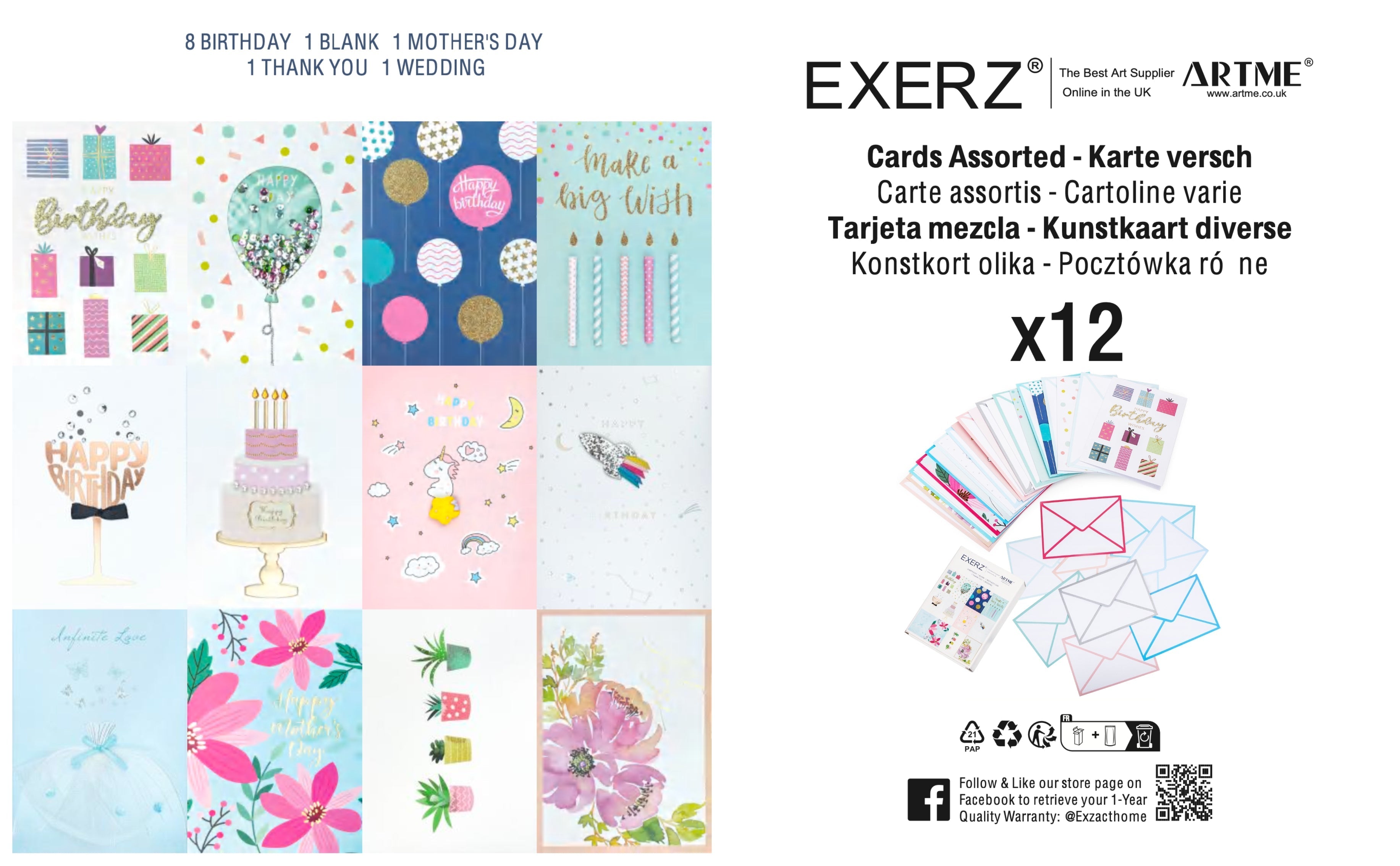 ARTME 12 Assorted Greeting Cards Multipack All Occasions - Handmade - Birthday, Thank You, Mother’s Day, Blank