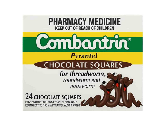 Box of Combantin Pyrantel Chocolate Squares for threadworms on a white background