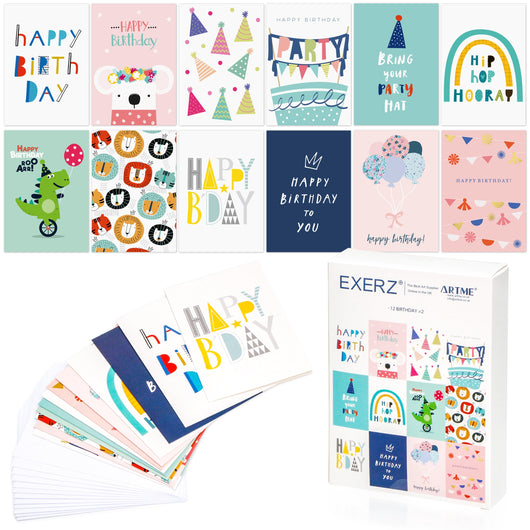 ARTME 24 Assorted Birthday Cards Multipack -12 Designs x 2