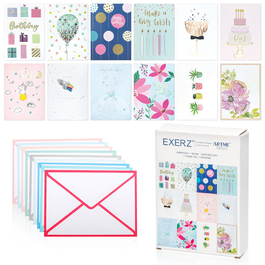 ARTME 12 Assorted Greeting Cards Multipack All Occasions - Handmade - Birthday, Thank You, Mother’s Day, Blank