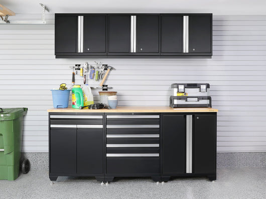 Pro Series 9 Piece Cabinet Set with Wall, Base, Tool Drawer, Multi-Function Cabinet, Lockers, and 84 in. Worktop