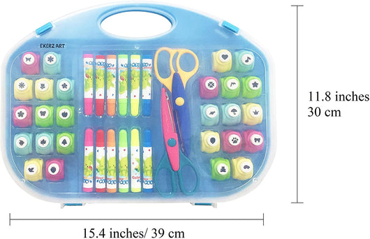 EXERZ Paper Punch Set 40pcs in a Storage Box Including Punches, Craft Scissors, Color Pens -Blue