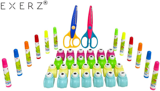 EXERZ Paper Punch Set 40pcs in a Storage Box Including Punches, Craft Scissors, Color Pens -Blue