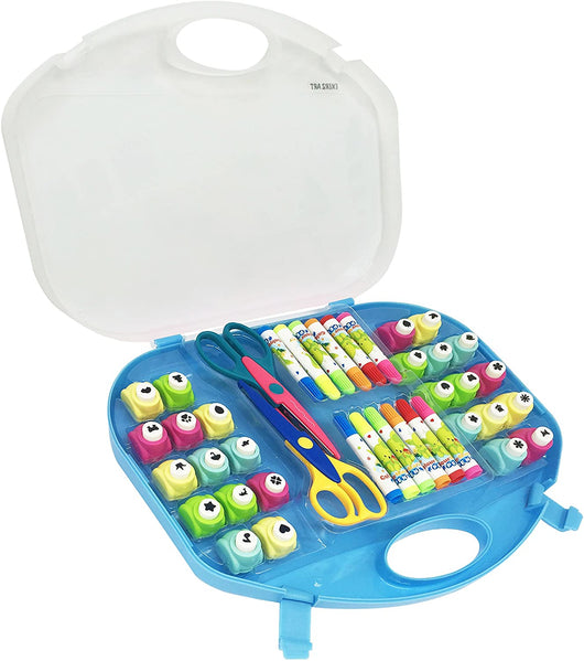 EXERZ Paper Punch Set 40pcs in a Storage Box Including Punches, Craft Scissors, Color Pens -Blue