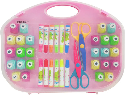 EXERZ Paper Punch Set 40pcs in a Storage Box Including Punches, Craft Scissors, Color Pens -Pink