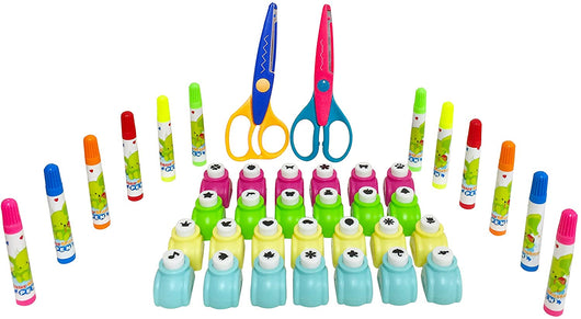 EXERZ Paper Punch Set 40pcs in a Storage Box Including Punches, Craft Scissors, Color Pens -Pink