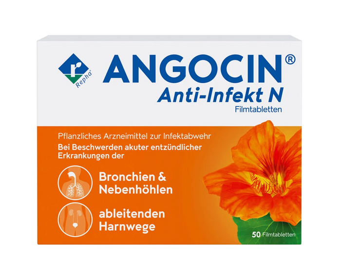 ANGOCIN Anti-Infekt N film-coated tablets box with herbal nasturtium and horseradish root formula