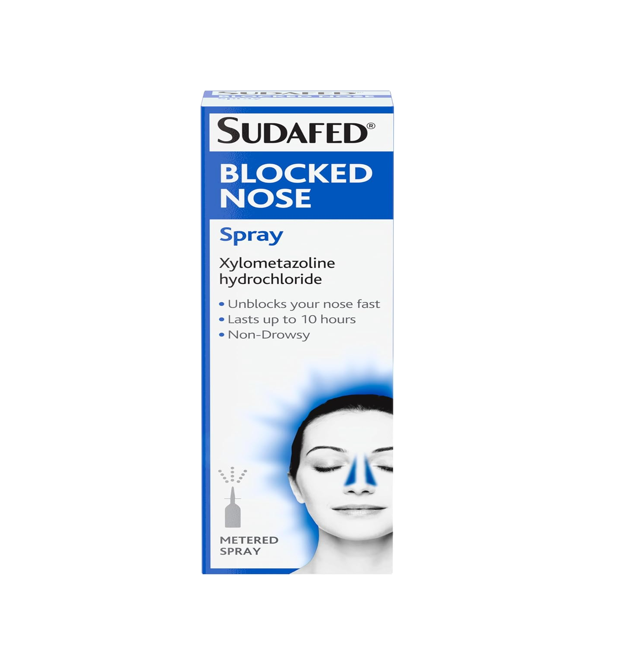 Sudafed Blocked Nose Spray packaging on a white background