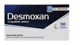 Desmoxan 1.5 mg tablet packaging box, 100 tablets, for nicotine addiction treatment.