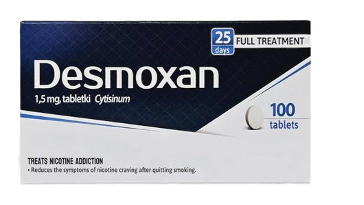 Desmoxan 1.5 mg tablet packaging box, 100 tablets, for nicotine addiction treatment.
