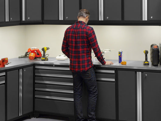 Pro Series 14 Piece Cabinet Set with Lockers, Base, Wall, Tool Drawer Cabinets and 56 in. Worktop