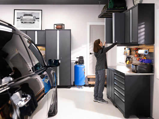 Pro Series 14 Piece Cabinet Set with Lockers, Base, Wall, Tool Drawer Cabinets and 56 in. Worktop