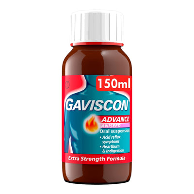 Gaviscon Advance Oral Suspension bottle with red label on a white background
