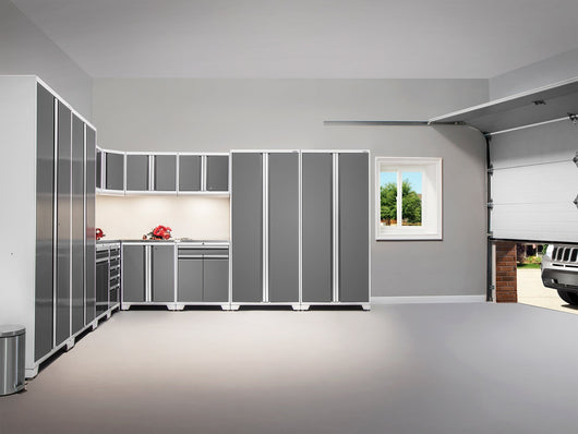 Pro Series 9 Piece Cabinet Set with Wall, Base, Tool Drawer, Multi-Function Cabinet, Lockers, and 84 in. Worktop