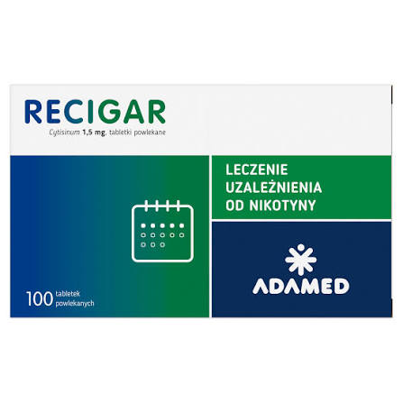 A box of Recigar (cylisinum 1,5 mg) tablets by Adamed, featuring a white, green, and blue gradient design with Polish text.